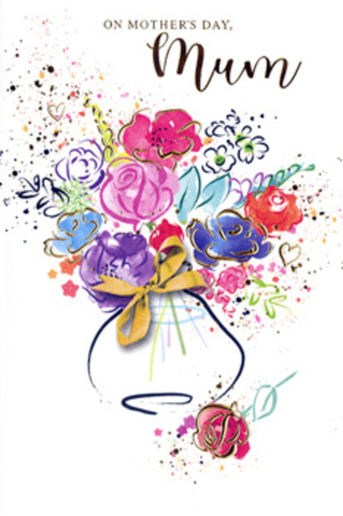 Artistic Mother's Day card illustration depicting a joyful bouquet rendered in free-flowing watercolour, as if sketched by an experienced Shooter's Hill florist dreaming up a bespoke design. The blooms are not rigidly detailed but suggested through sweeping gestures of colour: hot pinks and cerise reds gather towards the centre like open roses and peonies, while indigo and soft blue flourishes arc outward, adding depth and shadow, reminiscent of cool evening light over the hill. Apricot, peach, and hints of chartreuse green peek between the bolder hues, lending the bouquet a sunlit warmth and suggesting tiny buds and fresh foliage. Slender strokes and flecks of gold pick out the edges of petals and trace the contours of leaves and stems, giving the impression of delicate gilding, like a subtle sparkle seen on petals at first light near Oxleas Wood. The flowers rise from a whimsical, gently tapered vase, its outline soft and rounded, cinched at the neck with a neat golden bow that evokes the practiced hands of a florist tying ribbon around a finished arrangement destined for a local doorstep. Around the bouquet, the white background becomes a stage for scattered paint splashes and feather-light heart motifs, floating like confetti in the air and adding a sense of happiness, gratitude, and slightly playful chaos. Together, these elements create a composition that feels both spontaneous and deeply heartfelt, a keepsake on paper that echoes the emotion of delivering fresh, lovingly arranged flowers across Shooter's Hill for Mother's Day.