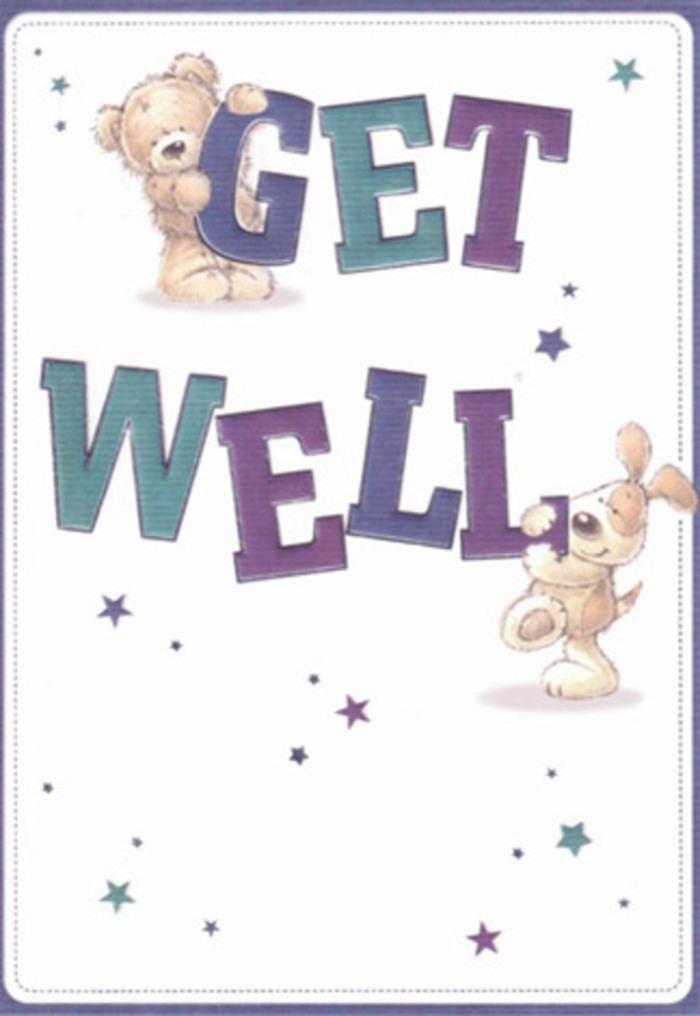 This delightful get well card from Shooter's Hill is a tribute to gentle care, painted with the affection of a true friend. The illustration features a loveable bear and a floppy-eared puppy, their playful shapes radiating innocence and hope. Around them, dancing stars in layered blues and purples flit across the page, like the first tiny blossoms in spring along Shrewsbury Park, each one a symbol of encouragement for someone in need. The text-bold, cheerful letters shaded in aquas and deep violets-anchors the design with a feeling of unwavering support. Every texture is rendered with almost tangible depth, from the fluffy softness of the bear's fur to the puppy's silky ears, recalling the tactile pleasures of freshly arranged bouquets delivered to addresses near Shooters Hill Golf Club. The crisp, inviting white background adds lightness, ensuring the message is both bright and soothing. Local to Shooter's Hill, the scene calls to mind the heartfelt notes often tucked into our flower deliveries: each card and every flower thoughtfully chosen to lift spirits and send a little comfort. The overall mood is hopeful, kind, and perfectly suited for wishing someone strength and healing.