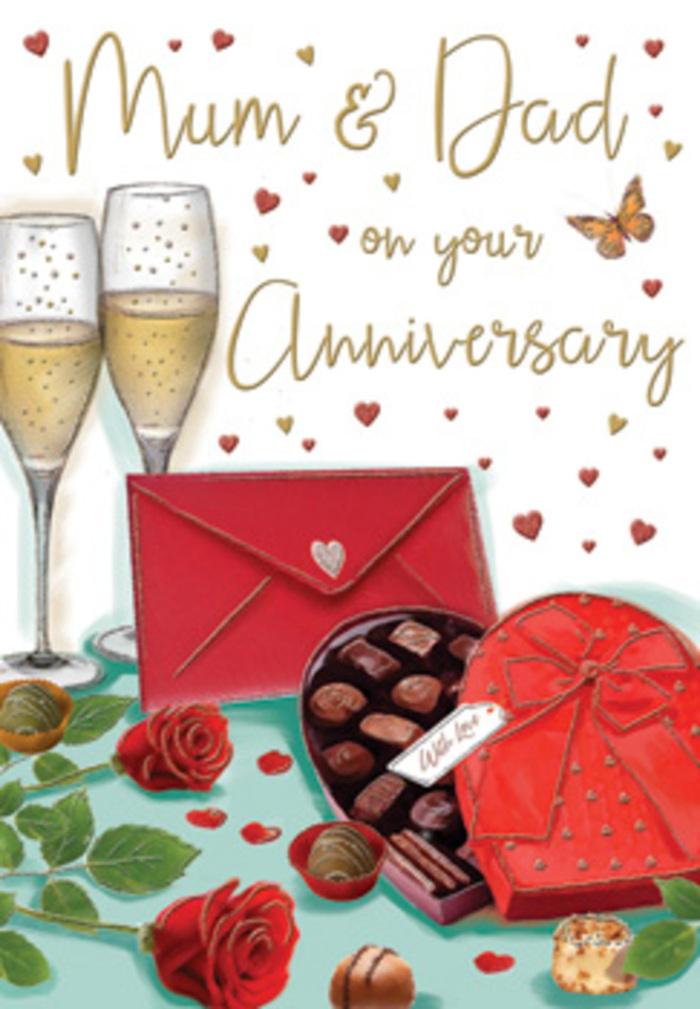 The anniversary card design unfolds like an intimate table setting drawn in rich, romantic tones, as if inspired by a quiet evening in a Shooter's Hill home. At its heart, two red roses lie diagonally across the lower part of the image, their petals plush and layered, with darker crimson shadows near the centre that suggest real depth and softness to the touch. The stems and surrounding leaves are painted in lush shades of green, each vein subtly hinted at, echoing the kind of fresh, carefully conditioned blooms a professional florist would prepare for a special delivery. Just above the roses, an open heart-shaped box of chocolates becomes a focal point, its bold red lid edged with soft highlights and crowned by an elaborate satin bow. Inside the box, individual chocolates rest in neat rows, some rounded, some square, with slight differences in tone and sheen hinting at caramel, praline, and rich ganache fillings. To the side, two slender champagne flutes stand together, filled with sparkling golden champagne, their surfaces catching imagined light in tiny reflections along the rim and base, as though set on a polished table near a window overlooking Shooter's Hill Road. Around the central objects float stylised gold and crimson hearts, scattered like confetti, framing tender hand-lettered wishes for Mum & Dad and reinforcing the theme of a long, loving partnership. A scarlet envelope lies elegantly nearby, sealed and slightly angled, its presence suggesting a card filled with memories, gratitude, and promises, perhaps exchanged after a gentle stroll through Oxleas Wood. The overall composition feels festive yet intimate, a visual tribute to enduring love and family ties.