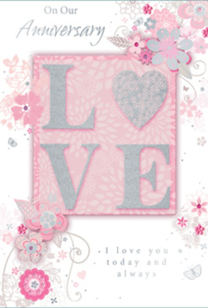 This anniversary card image feels like stepping into a sunlit sitting room on Shooter's Hill where love is cherished in small, everyday gestures. When opened, the main motif immediately draws the eye: the word LOVE, picked out in frosted glitter that sits slightly raised from the surface, giving each letter a delightful, tactile quality. As the light moves across the card-much like late-afternoon sunshine slanting over houses near Oxleas Meadows-the glitter catches and scatters tiny sparks in shades of blush pink and soft silver. Around this tender centrepiece, wispy, hand-drawn blooms seem to drift along the edges and corners, forming a loose border. Their colours are gentle and romantic: blush and rose-pink, pale lilac, and creamy ivory, all softened as if lightly washed with watercolour. Fine filigree lines and dainty leaves trail in and out among the flowers, suggesting the delicate wiring and finishing touches a florist adds when tying an anniversary bouquet. Hidden among the curves, you can glimpse almost-secret butterflies and tiny decorative flourishes, adding a sense of discovery and quiet joy. Nestled within the design, the simple message I love you today and always is delivered in an understated, elegant typeface, inviting a pause much like the reflective moments shared over coffee in a Shooter's Hill kitchen. The layout feels perfectly balanced yet free-flowing, combining dreamy romance with everyday sincerity. The overall impression is of a paper bouquet: soft, tender, and artfully arranged, echoing the thoughtful care that goes into local anniversary flower deliveries in and around Shooter's Hill.