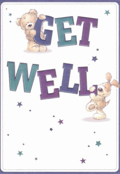 The scene depicted on this get well card exudes comfort and joyful reassurance, blending artistry and warmth much like a thoughtful bouquet assembled in Shooter's Hill. Two lively friends-a round, endearing teddy bear and a sprightly puppy-take centre stage, each engaged with the bold 'Get Well' message. The bear clings to the top of the vibrant teal 'GET,' its form plump and calming, while below, the puppy nestles against the deep purple 'WELL,' its ears flopping playfully. Their gentle expressions and animated poses reflect the nurturing spirit you'll find in homes from Eaglesfield Park to the backstreets of Shooter's Hill, capturing hope in every brushstroke. Delicate blue and violet stars are scattered about, reminiscent of starlit skies visible from Severndroog Castle, symbolising the many little wishes for swift recovery. The pristine white background gives the illustration both clarity and softness, mirroring the peace one senses in the mornings when fresh flowers arrive for delivery across the area. Just as our local arrangements are crafted with care at Flower Delivery Shooter's Hill, every marker line on this card feels intentional-uplifting the heart, offering genuine warmth, and serving as a gentle reminder of the community's support.