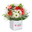 Radiating a gentle, fresh energy, this thoughtfully arranged bouquet glows from within an immaculate white gift bag-a touch of Shooter's Hill charm in every detail. Crisp white daisies with lively lime-green centers smile alongside coral and peach carnations, their ruffled edges brimming with softness and a quiet, sweet fragrance that calls to mind the first days of spring near Oxleas Meadows. Tucked among them, sprigs of white baby's breath add a cloudlike lightness, while closed purple-tinged buds peek playfully from the side, as if holding a secret. The florist's hand is visible in the lush arcs of broad, deep-green foliage, which cradle and highlight the central blooms, forming a shape both abundant and comforting. The arrangement has a joyful fullness, hinting at celebrations-perhaps a heartfelt birthday surprise delivered to a home just off Shooters Hill Road, or a just-because gesture for a loved one in SE18. Sturdy white handles complete the presentation, reflecting care and readiness for gifting. Against the clean white background, every petal and leaf stands out, conveying an uplifting mood-a true testament to the beauty and quality that local flower delivery brings to Shooter's Hill.