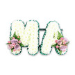A personalised funeral flower tribute in the form of the word MA is displayed on a clean white background, allowing its structure and detail to be fully appreciated. The capital M and A are formed from robust frames completely hidden beneath a thick covering of pure white chrysanthemums. These small, domed blooms are tightly massed, creating a soft, cushion-like appearance that feels both comforting and respectful, ideal for placing beside a coffin or at the front of a memorial service near Shooter's Hill. The edges of each letter are sharply defined by a narrow border of deep green - either neatly ruffled satin ribbon or closely placed foliage - which traces the outline of the letters and prevents the white flowers from blending into the surrounding space. At the bottom left of the M and the bottom right of the A, decorative accent sprays bring gentle colour into the design. Each spray contains soft blush-pink roses, light lavender or lilac-toned roses, and smaller pink spray roses in varying stages of opening, from tight buds to softly cupped blooms. Fine fronds of fern and touches of green foliage weave through these clusters, introducing a hint of movement and a natural, garden feel, as if the flowers had been freshly gathered from a quiet green spot above the Thames. The overall impression is calm, loving, and deeply personal, a bespoke sympathy tribute honouring a mother, mama, or someone known by these initials. It reflects the care and thought a local Shooter's Hill family might put into choosing just the right flowers to say their final goodbye.