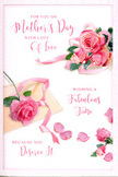 This Mother's Day card appears like a delicate still life composed on a white artist's table, capturing the soft romance of pink roses often requested by families across Shooter's Hill. The design centres on a lush grouping of roses in full bloom, their petals layered in tight spirals that relax into loose, ruffled edges. The colour palette stays firmly in the pink family, drifting from pale, almost ivory blush to deeper rose and warm, peach-tipped tones, reminiscent of the varied rose beds found in well-tended front gardens near Shrewsbury Lane. Around the focal cluster, a gentle scattering of individual petals lies as if they have just slipped from the blooms, their shapes curling naturally and catching small, realistic shadows that give them depth against the pale background. A flowing ribbon winds through the arrangement, threading under and around the roses, suggesting the touch of a florist tying off a bouquet before sending it out for same-day delivery. The card's sentimental message is written in elegant, swirling script, positioned to dance between the flowers and petals without overpowering them, like a loving voice weaving through quiet moments at home. The typography and florals share a soft, harmonious rhythm, and the overall lighting is diffused, with no harsh edges - only a warm, comforting glow that brings to mind a peaceful Sunday morning on Shooter's Hill. This image conveys gentle appreciation and closeness, offering a paper bouquet of pink roses that pairs beautifully with a real arrangement arriving at the door to make Mother's Day feel truly special.
