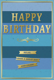 This image shows a sophisticated blue and gold birthday card, designed with the same careful balance of calm and celebration that many people in Shooter's Hill look for when marking a special day at home. The card's background is divided into broad, horizontal stripes that run from edge to edge, each band a slightly different shade of blue. The top begins in deep, almost midnight navy, gradually lightening through rich cobalt and teal to arrive at a soft, powdery sky blue along the lower edge. These layered tones create a gentle ombre effect, reminiscent of distant views from the hill as the sky softens towards evening. In the middle of the card, the words HAPPY BIRTHDAY are embossed in large, metallic gold capital letters. The font is clear and confident, and the raised, shiny texture means the letters would catch the light if the card were placed near a window or under a warm lamp. Directly beneath the main message lies a graceful golden flourish, a decorative line that curls and loops with a subtle, vintage charm, separating the central greeting from the text below. Under this flourish, three narrow, horizontal gold banners are neatly stacked, each one carrying part of the friendly, laid-back message: Relax, have a great day and enjoy! The banners and wording are also embossed, adding a tactile dimension to the design. All around the edge, a fine gold border frames the card, pulling the various blue tones together. The overall effect is soothing yet festive, making it an ideal companion to a simple birthday bouquet delivered locally to a Shooter's Hill doorstep.