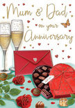 This richly illustrated anniversary card depicts a romantic still life that feels both indulgent and deeply homely, as if set on a polished dining table in Shooter's Hill just before an evening toast. The lower part of the image is graced by two stunning red roses, their petals layered and velvety, curling outward in soft spirals, framed by fresh green leaves that provide a natural contrast and hint at the skill of a local florist who knows how to choose the freshest stems. Nearby, an open heart-shaped box of chocolates steals attention, its bright red lid tipped to reveal rows of carefully drawn truffles, each nestled in a tiny paper cup, some smooth, some gently textured, creating an impression of luxurious variety. Slightly behind, a pair of tall champagne flutes stands close together, filled nearly to the midpoint with pale gold champagne, bubbling delicately as though waiting for an anniversary toast. Highlights glint along the glass stems and rims, suggesting candlelight or soft lamplight like you might find in a cosy Shooter's Hill home on a winter evening. Scattered across the creamy background float small, playful red and gold hearts alongside hand-lettered words for Mum & Dad, giving the card a personal, family-focused charm. A vivid red envelope rests in the foreground, perfectly sealed and slightly overlapping the chocolates, hinting at a heartfelt message tucked inside. The whole composition radiates warmth, sweetness, and celebration, blending the imagined scent of roses with chocolate richness and the muted chime of glassware raised in a quiet anniversary toast.